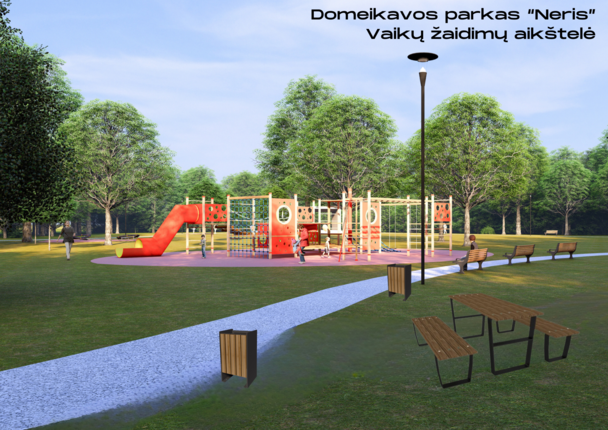 Domeikavos parkas "Neris" - Vaikų žaidimo aikštelė ir pavesinė 
